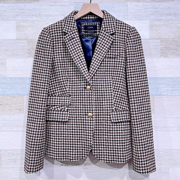J CREW Tweed Schoolboy Blazer Brown Houndstooth 100% Wool Gold Buttons Womens 8 - Picture 1 of 8
